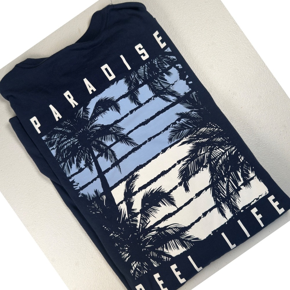 Reel Life T-Shirt Mens XL Navy Blue Cotton Blend Paradise Palm Tree Graphic New